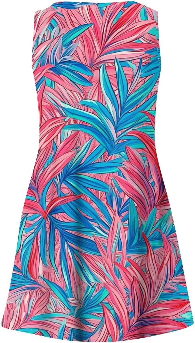 Summer Dresses for Women V Neck Beach Swimsuit Coverup 2025 Sleeveless Dress with Pocket Printed Vacation Sundress