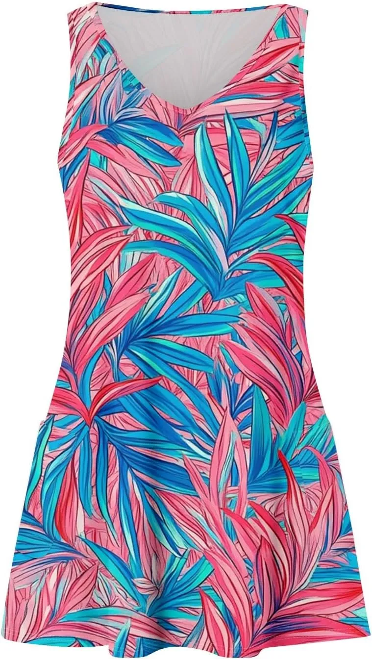 Summer Dresses for Women V Neck Beach Swimsuit Coverup 2025 Sleeveless Dress with Pocket Printed Vacation Sundress