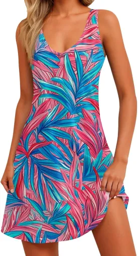 Summer Dresses for Women V Neck Beach Swimsuit Coverup 2025 Sleeveless Dress with Pocket Printed Vacation Sundress