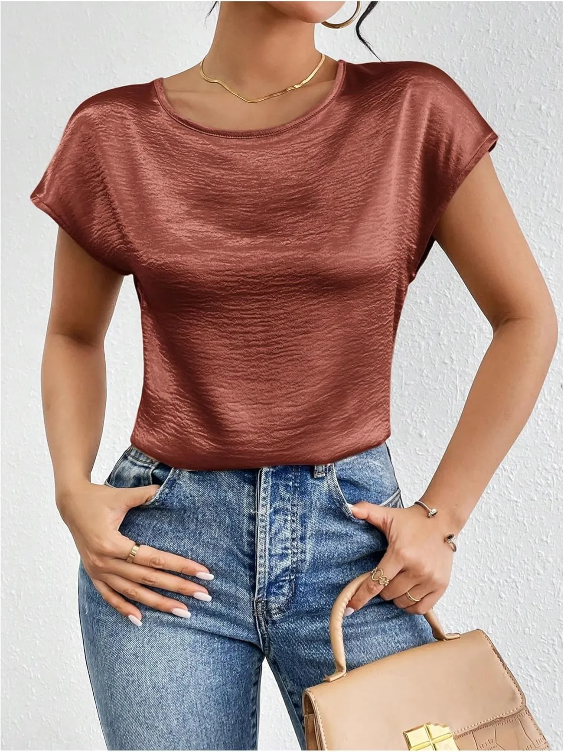 SweatyRocks Women's Crew Neck Satin Blouse Cap Short Sleeve Party Blouse Shirts Tops
