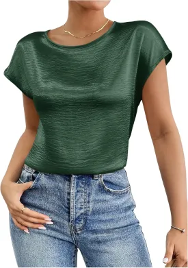 SweatyRocks Women's Crew Neck Satin Blouse Cap Short Sleeve Party Blouse Shirts Tops