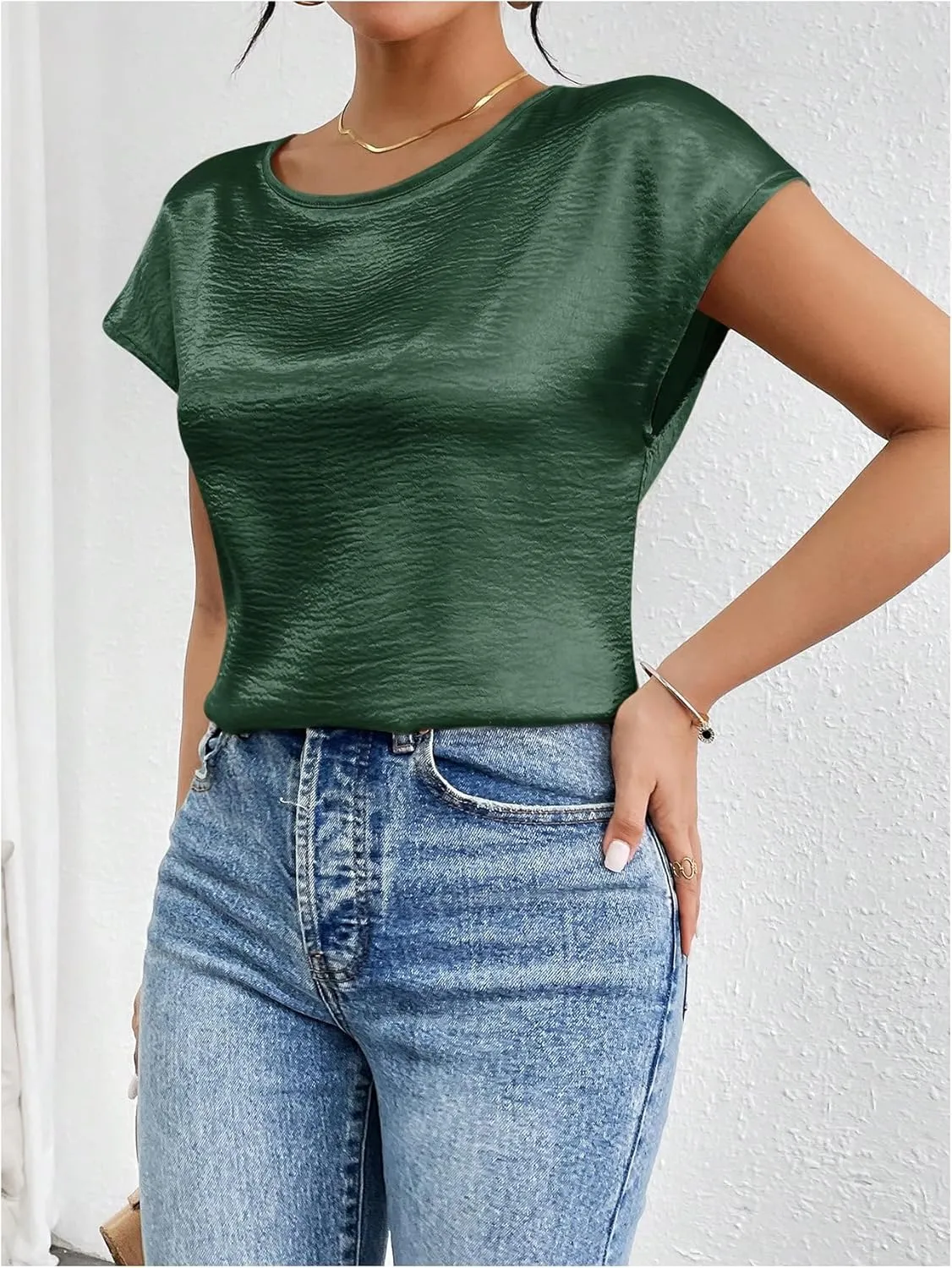 SweatyRocks Women's Crew Neck Satin Blouse Cap Short Sleeve Party Blouse Shirts Tops