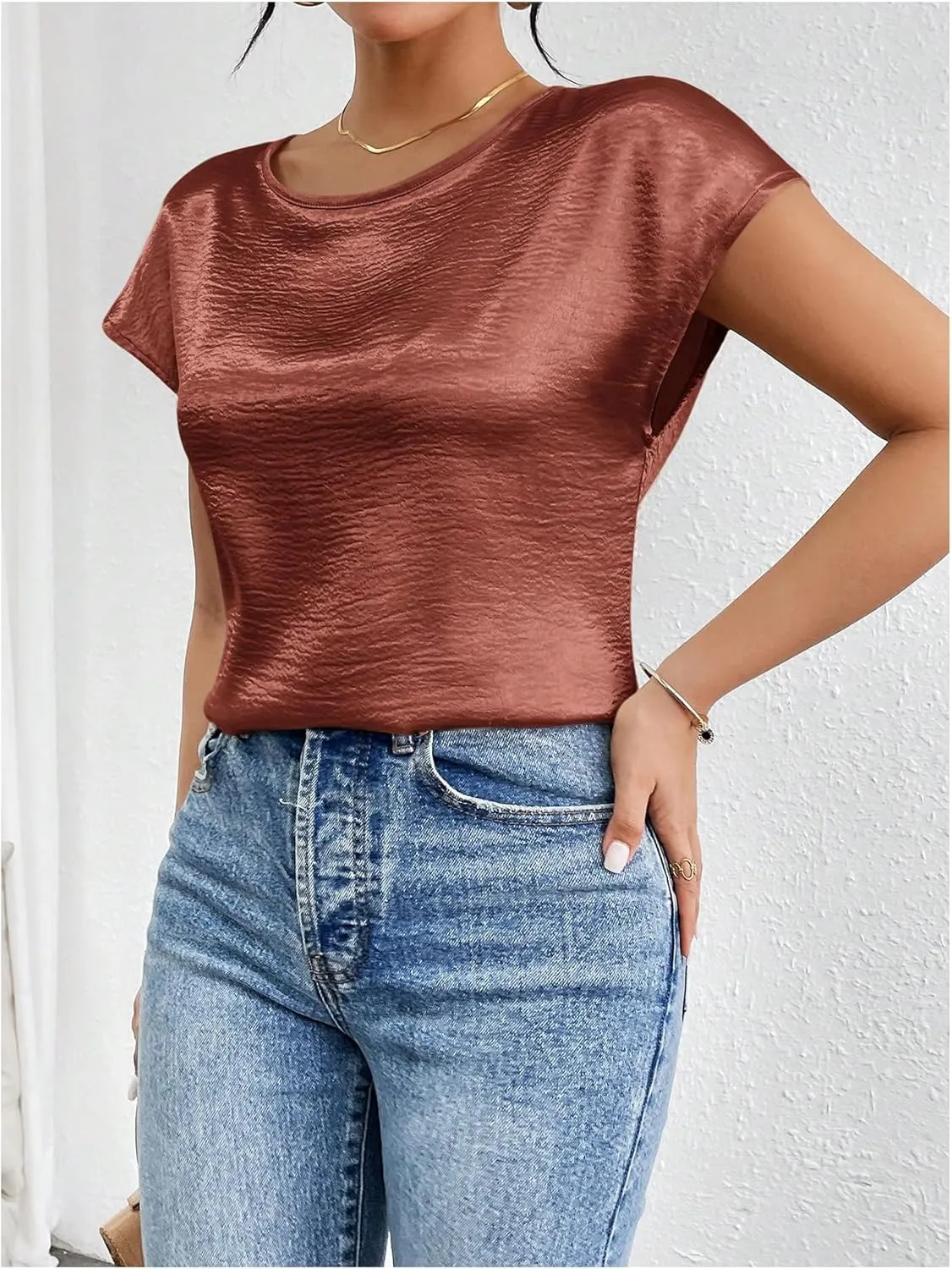 SweatyRocks Women's Crew Neck Satin Blouse Cap Short Sleeve Party Blouse Shirts Tops