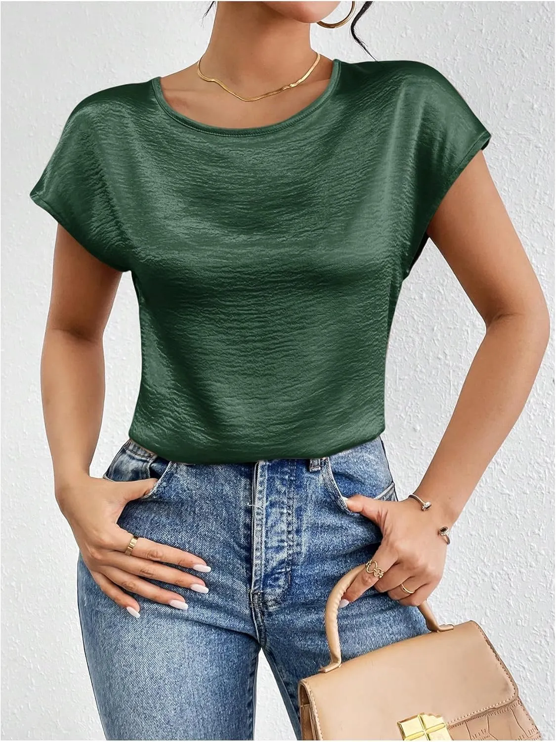 SweatyRocks Women's Crew Neck Satin Blouse Cap Short Sleeve Party Blouse Shirts Tops