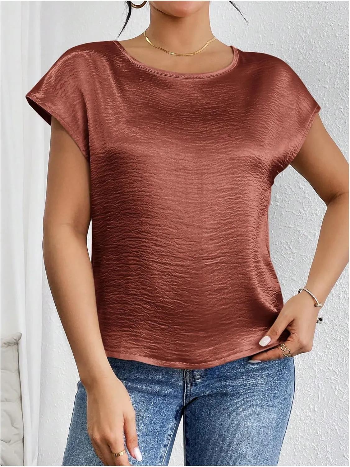 SweatyRocks Women's Crew Neck Satin Blouse Cap Short Sleeve Party Blouse Shirts Tops