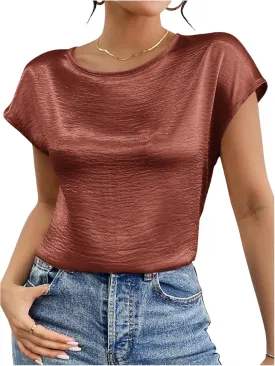 SweatyRocks Women's Crew Neck Satin Blouse Cap Short Sleeve Party Blouse Shirts Tops