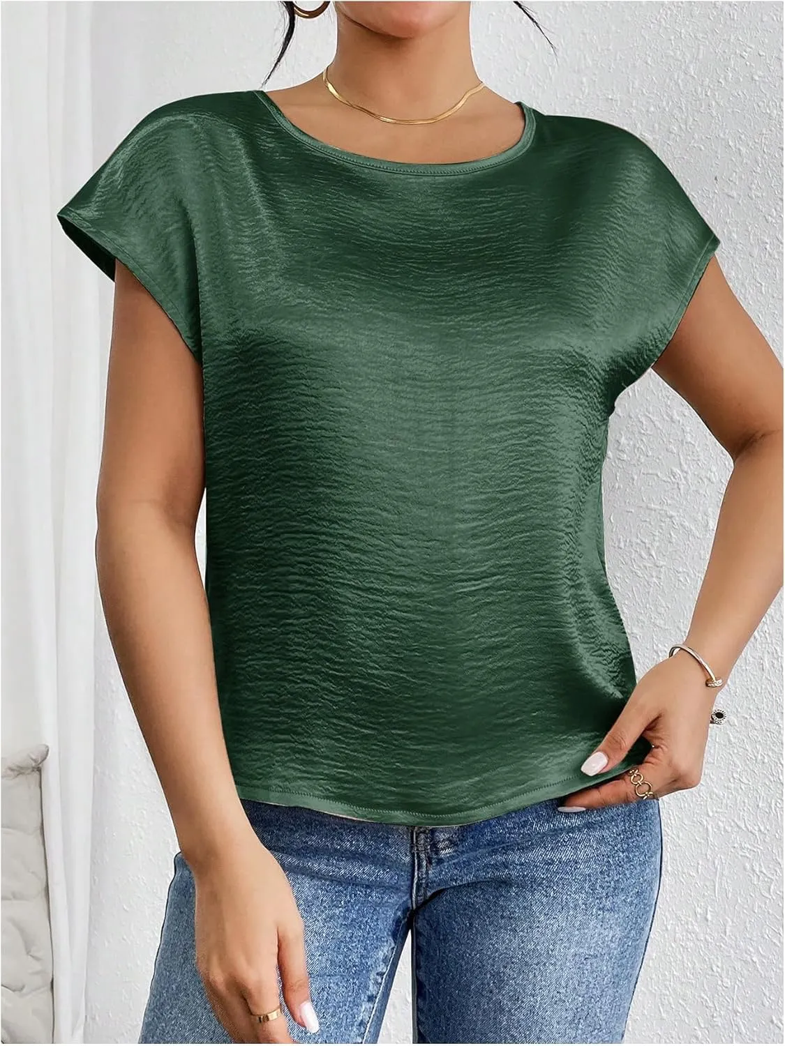 SweatyRocks Women's Crew Neck Satin Blouse Cap Short Sleeve Party Blouse Shirts Tops