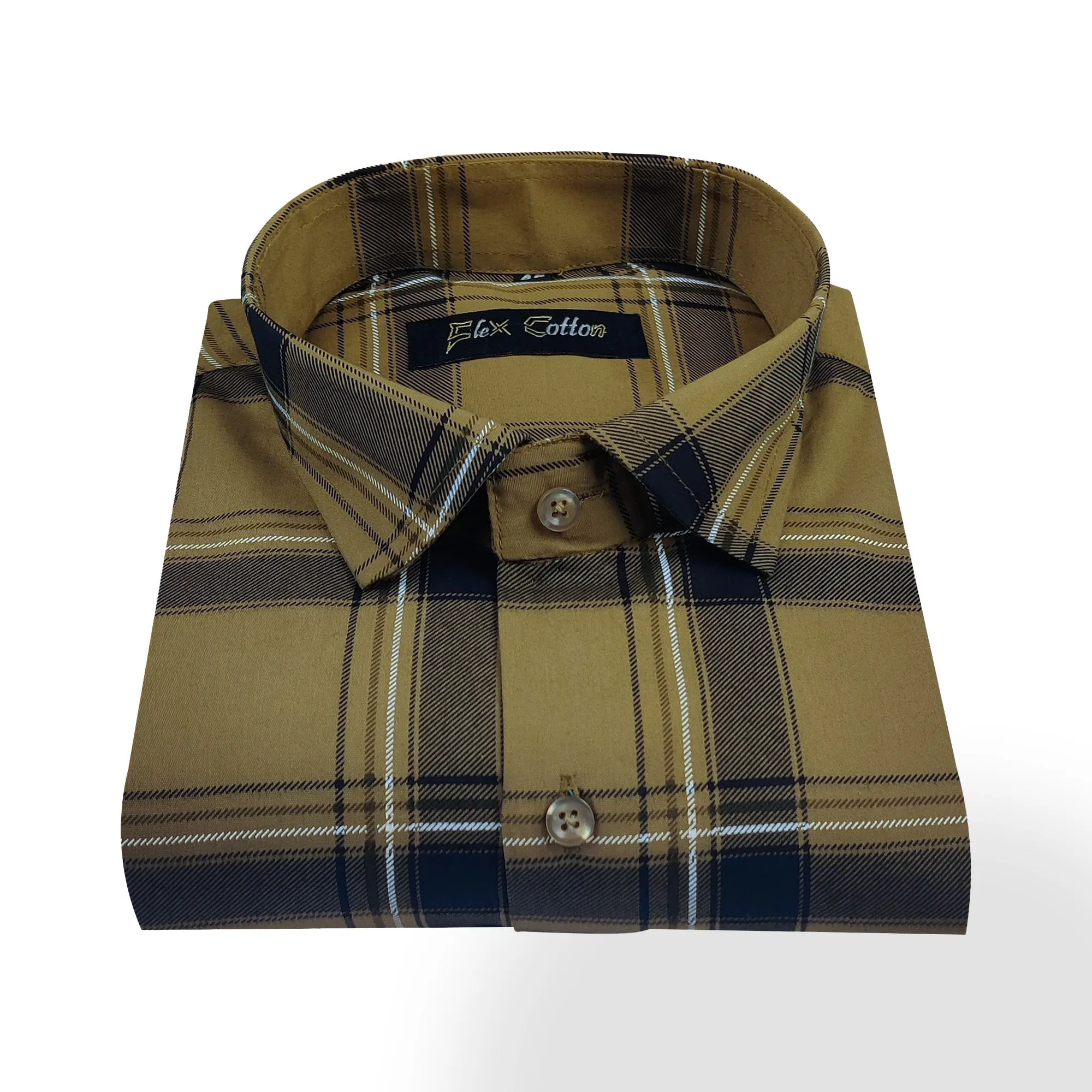 Tan Khaki Color Pure Cotton Casual Checked Shirt For Men