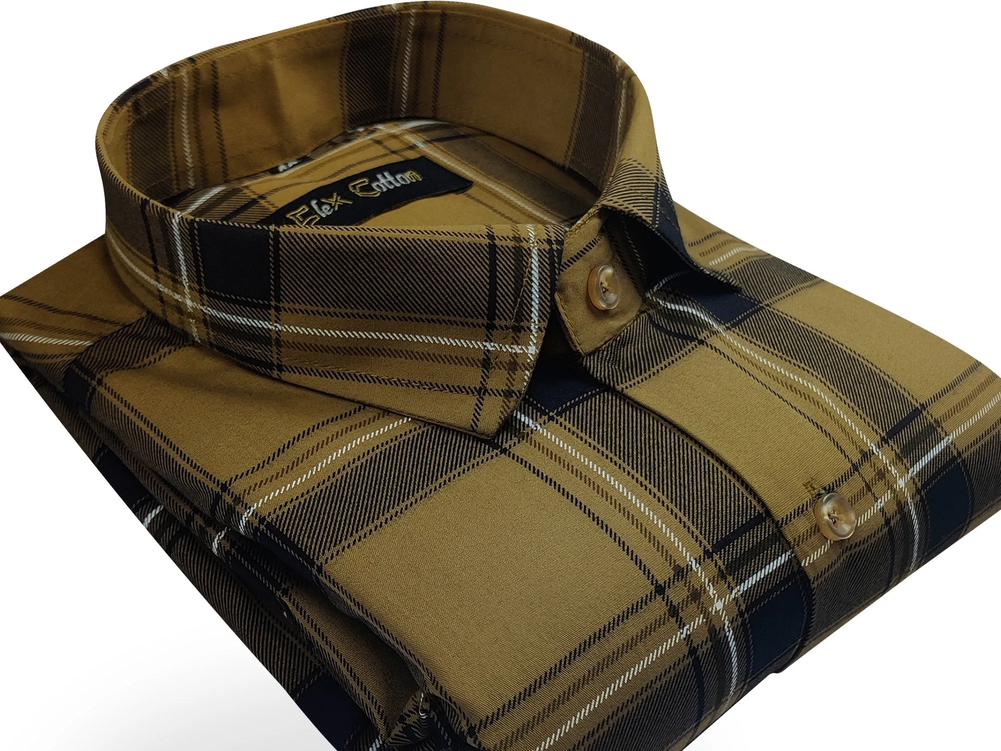 Tan Khaki Color Pure Cotton Casual Checked Shirt For Men