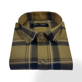 Tan Khaki Color Pure Cotton Casual Checked Shirt For Men