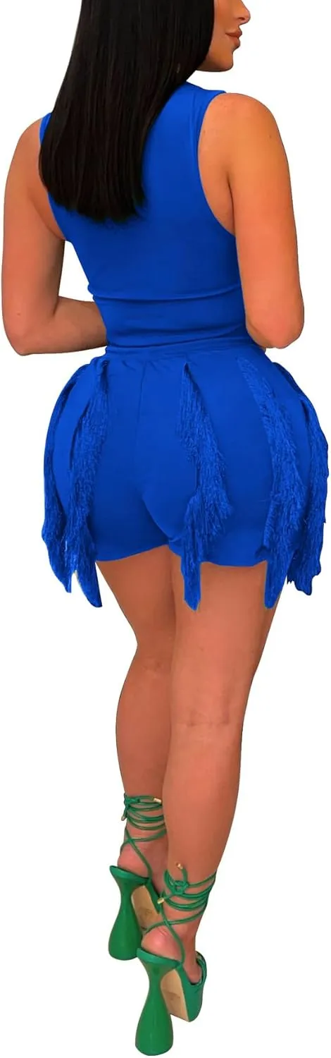 Two Piece Outfits for Women Sexy Sleeveless Sweatshirt Bodycon Fringe Tassel Shorts Pant Jumpsuit Set Clubwear