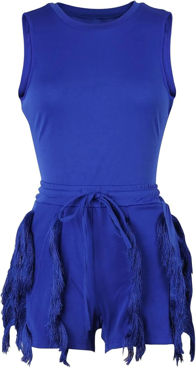 Two Piece Outfits for Women Sexy Sleeveless Sweatshirt Bodycon Fringe Tassel Shorts Pant Jumpsuit Set Clubwear