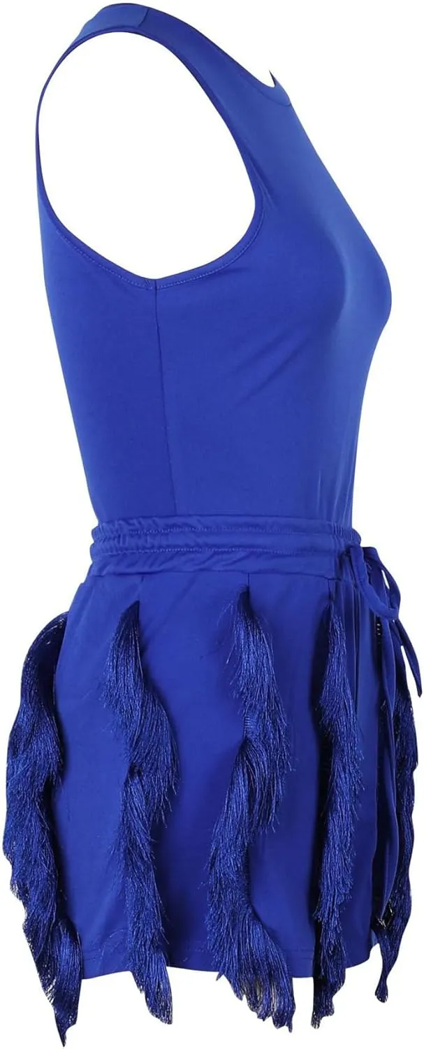 Two Piece Outfits for Women Sexy Sleeveless Sweatshirt Bodycon Fringe Tassel Shorts Pant Jumpsuit Set Clubwear