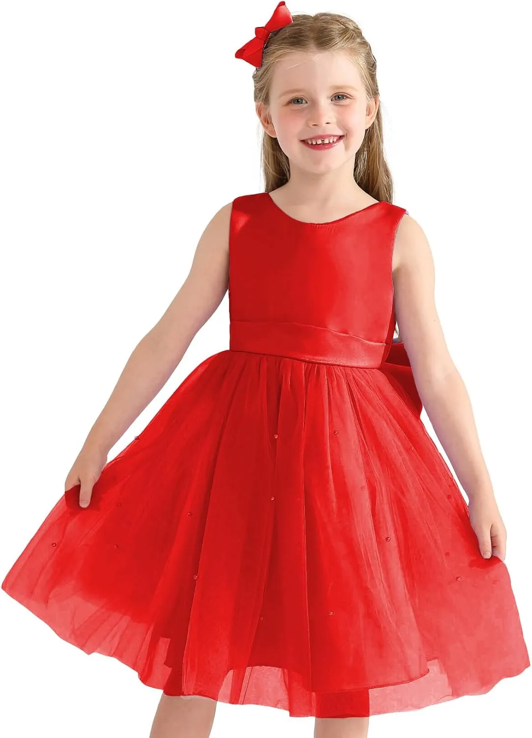 Uhnice Flower Girl Dress Satin Ball Gown for Wedding Party with Bowknot