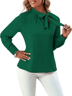 Umenlele Women's Elegant Tie Knot Mock Neck Ruched Long Sleeve Blouse Shirt Top