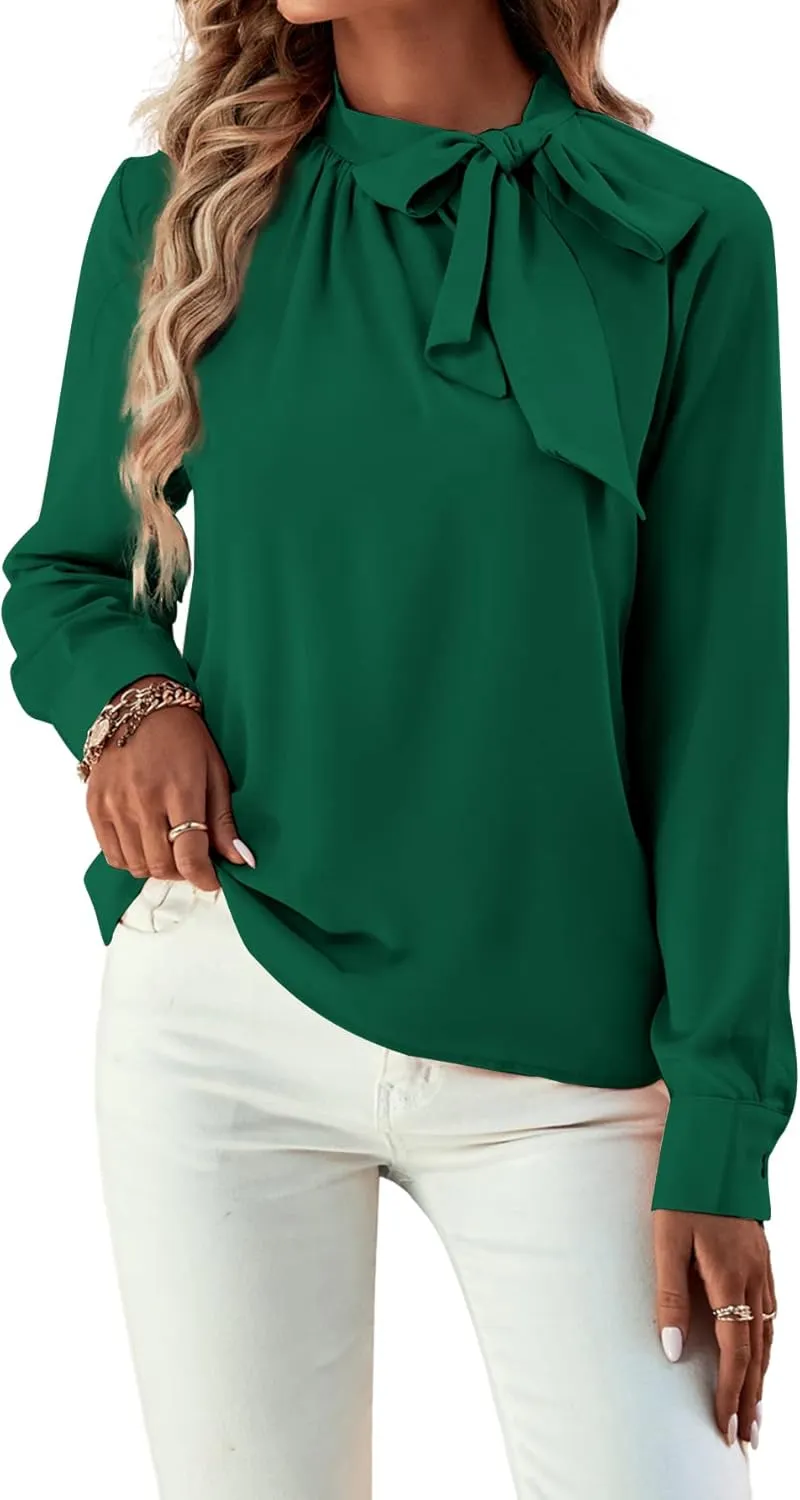 Umenlele Women's Elegant Tie Knot Mock Neck Ruched Long Sleeve Blouse Shirt Top