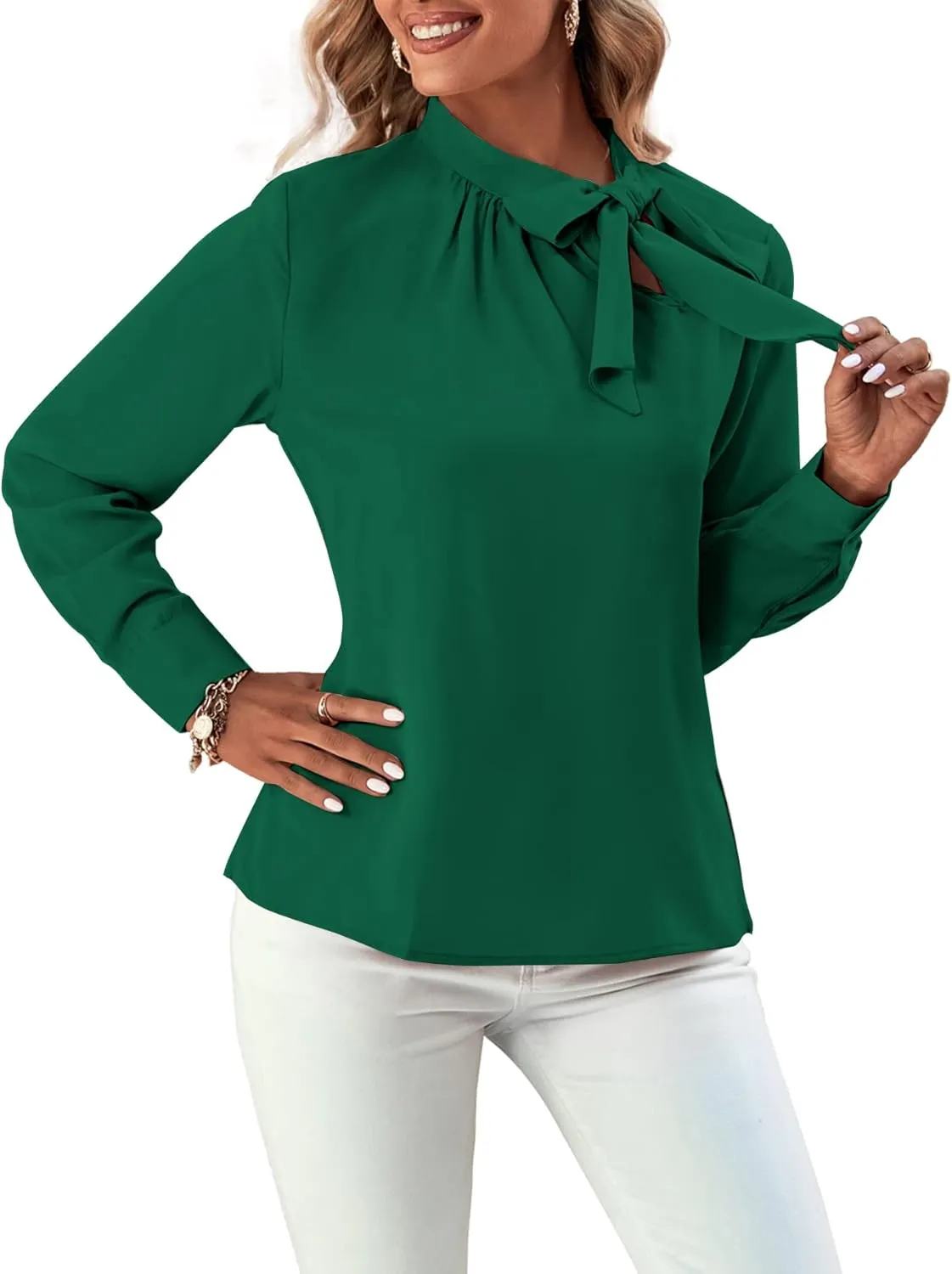 Umenlele Women's Elegant Tie Knot Mock Neck Ruched Long Sleeve Blouse Shirt Top