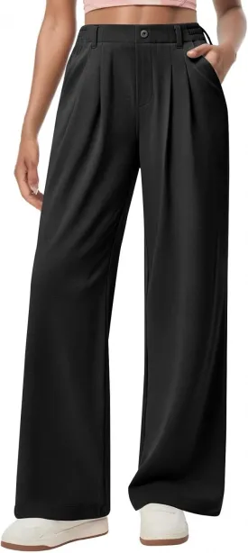 Wide Leg Dress Pants for Women Pleated Elastic High Waisted Work Pants Business Casual Stretch Button with Pockets