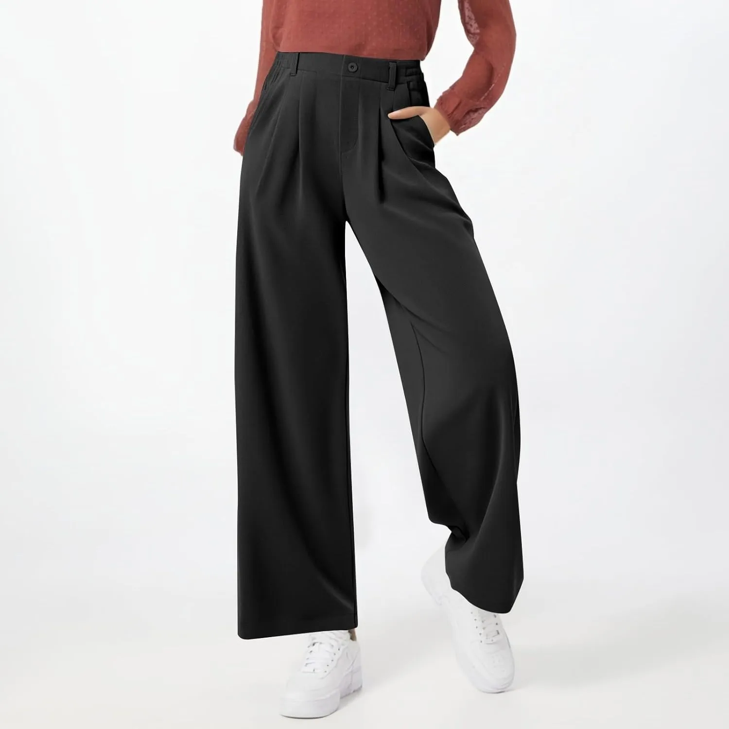 Wide Leg Dress Pants for Women Pleated Elastic High Waisted Work Pants Business Casual Stretch Button with Pockets
