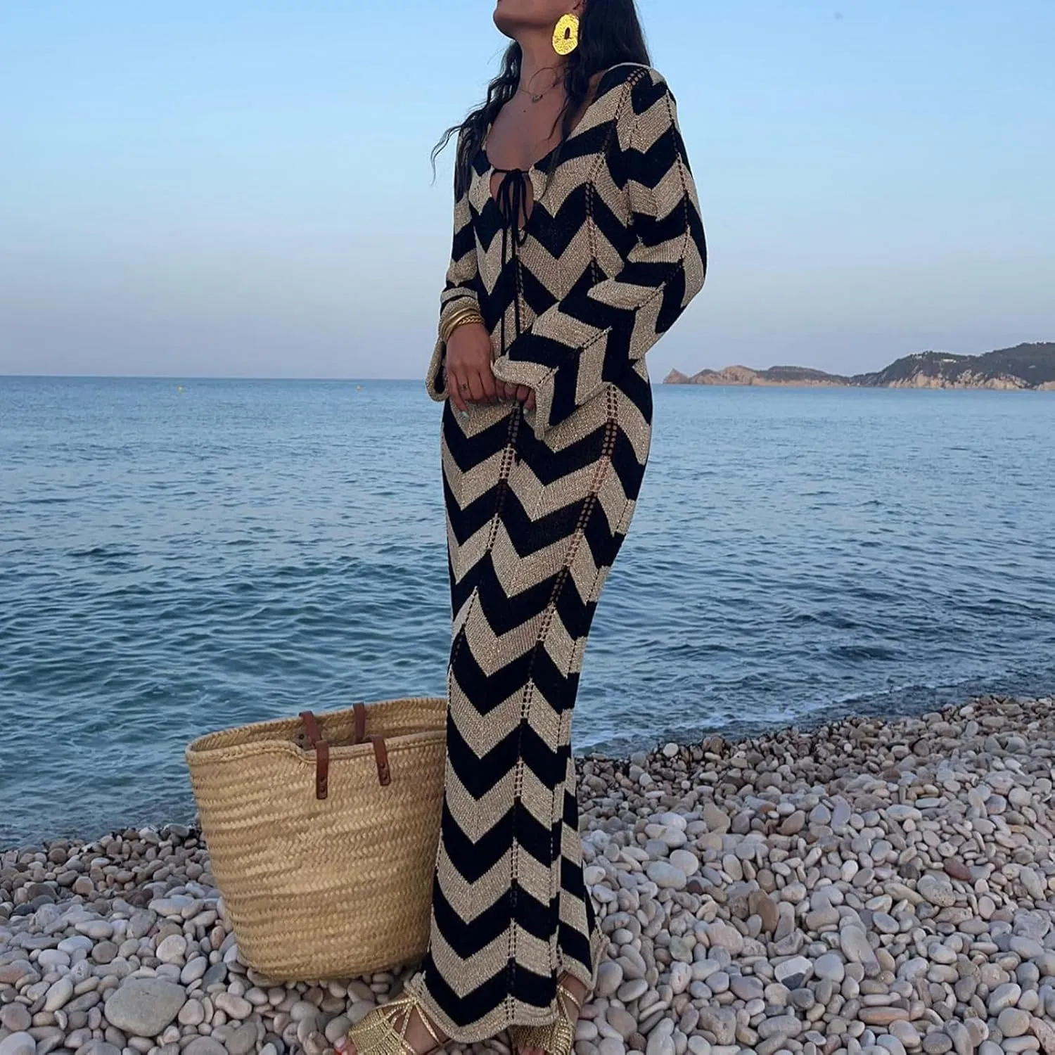Women Long Sleeve Maxi Sweater Dress Striped Bow Tie Bodycon Knit Long Dress Hollow Out Color Block Maxi Sundress