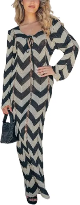 Women Long Sleeve Maxi Sweater Dress Striped Bow Tie Bodycon Knit Long Dress Hollow Out Color Block Maxi Sundress