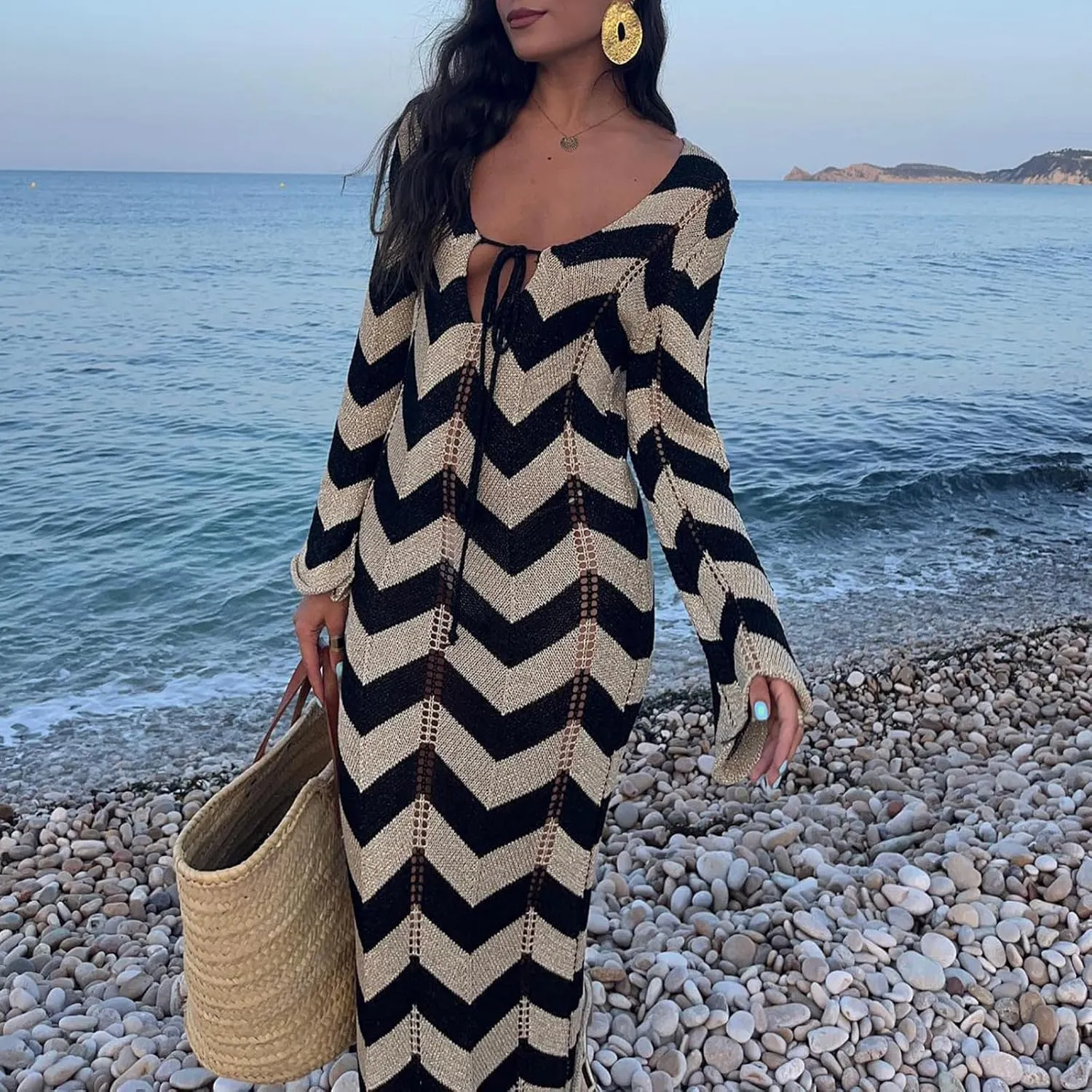 Women Long Sleeve Maxi Sweater Dress Striped Bow Tie Bodycon Knit Long Dress Hollow Out Color Block Maxi Sundress