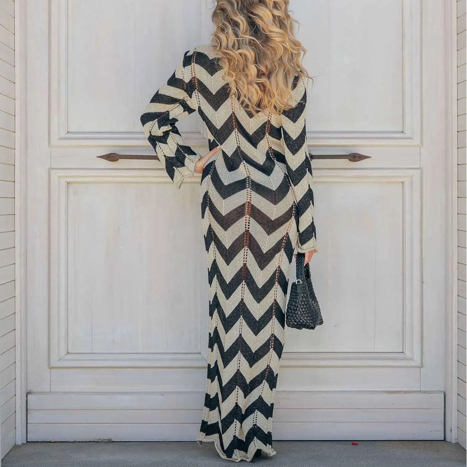 Women Long Sleeve Maxi Sweater Dress Striped Bow Tie Bodycon Knit Long Dress Hollow Out Color Block Maxi Sundress