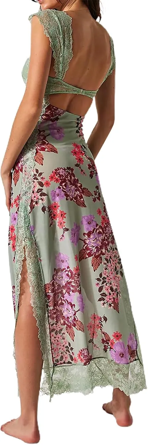 Women Sleeveless Maxi Dress Backless Bodycon Floral Printed Spaghetti Strap Long Dress Summer Lace Cutout Dress