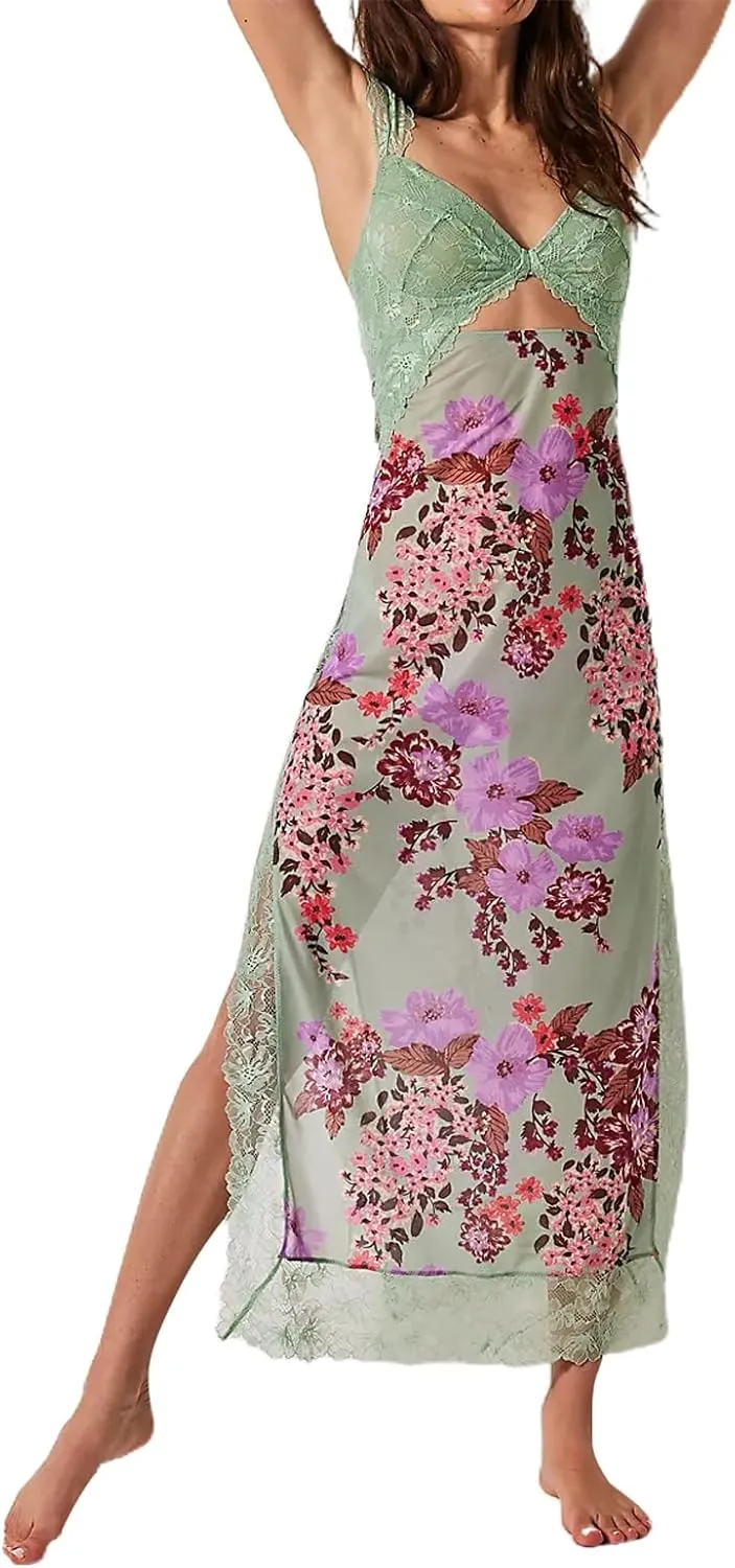 Women Sleeveless Maxi Dress Backless Bodycon Floral Printed Spaghetti Strap Long Dress Summer Lace Cutout Dress