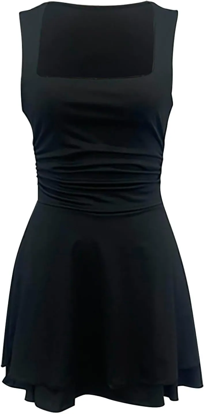 Women Summer Casual Mini Dress Square Neck Sleeveless Short Ruffle Dresses Layered Slim Flowy Aline Tennis Dress