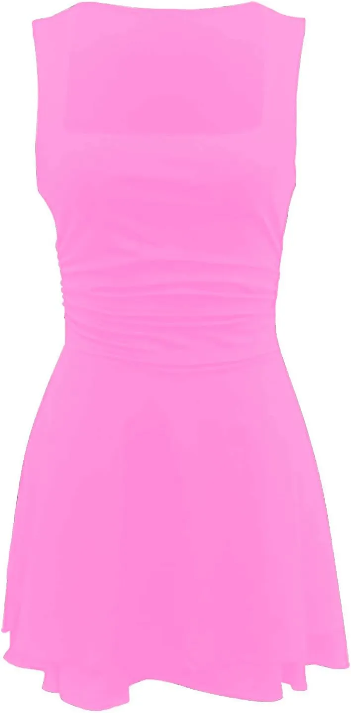Women Summer Casual Mini Dress Square Neck Sleeveless Short Ruffle Dresses Layered Slim Flowy Aline Tennis Dress