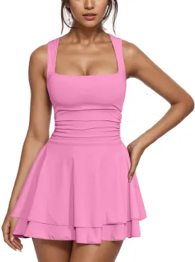 Women Summer Casual Mini Dress Square Neck Sleeveless Short Ruffle Dresses Layered Slim Flowy Aline Tennis Dress
