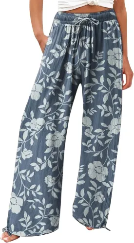 Women's Boho Wide Leg Palazzo Pants Womens Cotton Casual Loose Pants Comfy Work Pants with Long Casual Wide Leg
