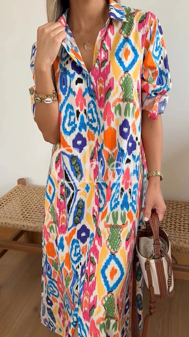 Women's Casual Abstract Colorful Print Single Breasted Long Shirt Dress