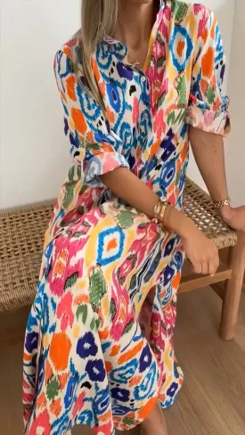 Women's Casual Abstract Colorful Print Single Breasted Long Shirt Dress