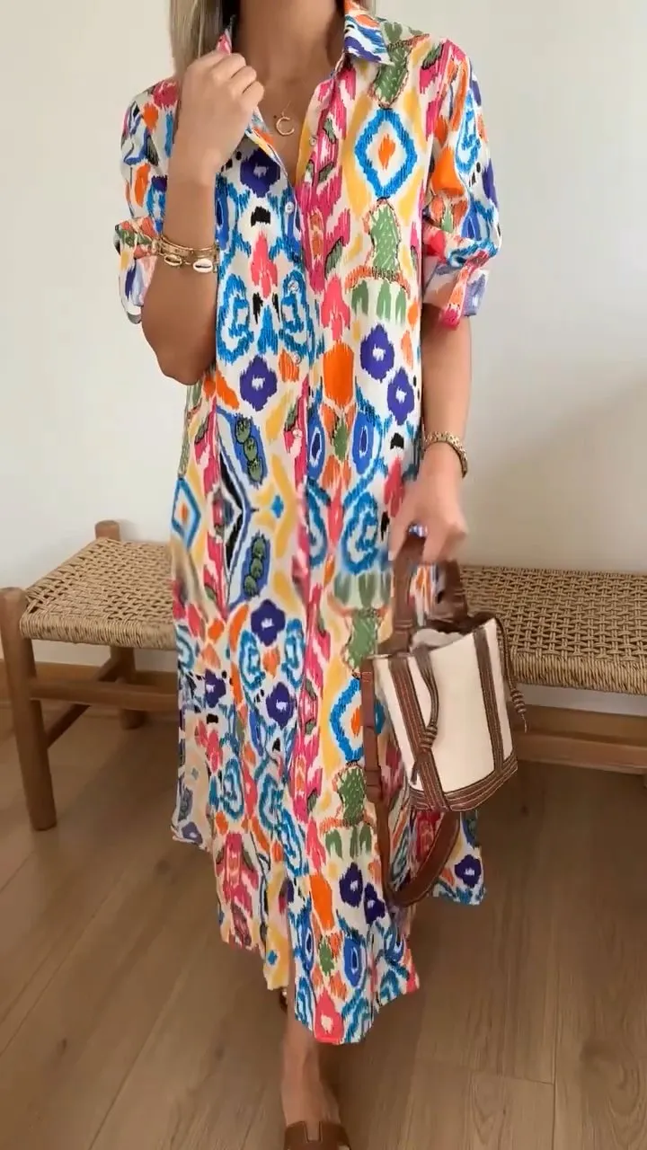 Women's Casual Abstract Colorful Print Single Breasted Long Shirt Dress