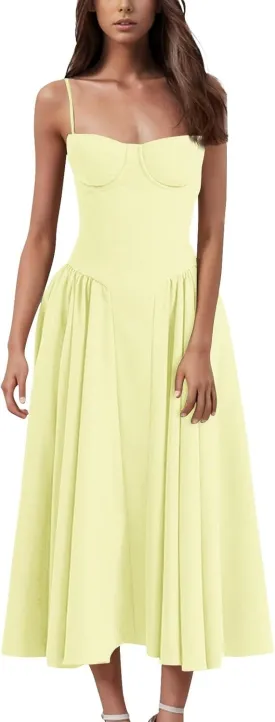 Womens Corset Dress Spaghetti Strap Bustier Midi Dresses Vintage Party Dress Flowy Pleated Hem Low Cut Prom Dresses