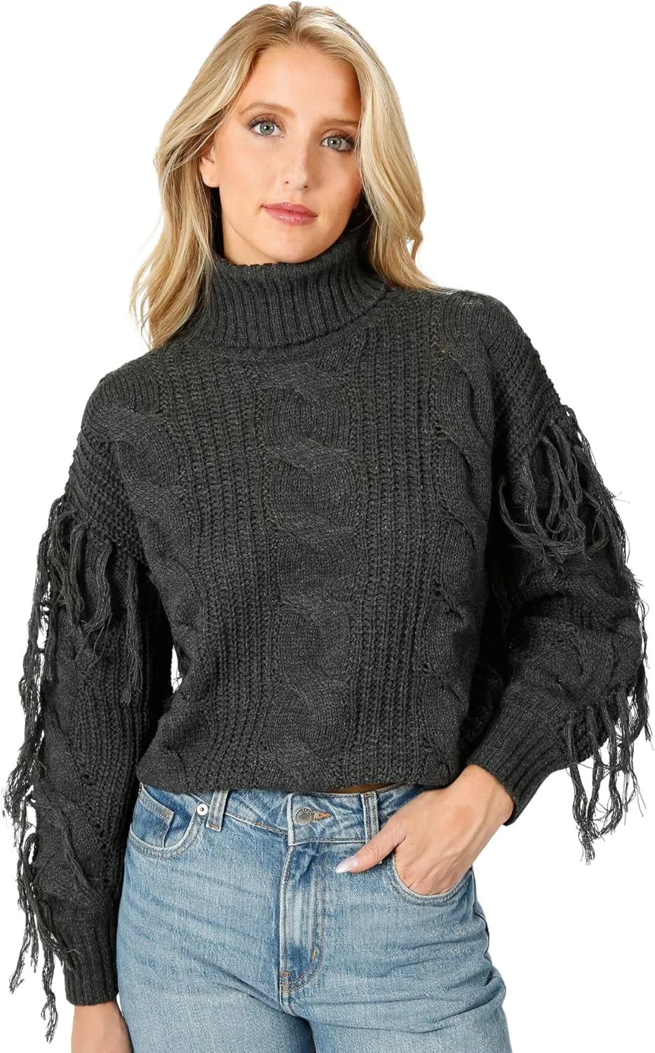 Womens Cream Long Sleeve Cable Knit Fringe Turtleneck Sweater: Return to Sender Cable Knit Sweater