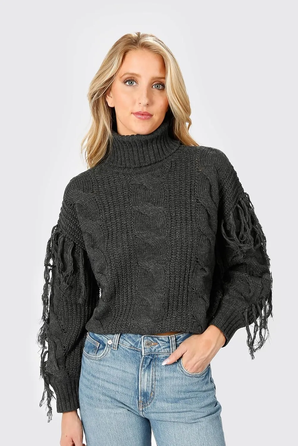 Womens Cream Long Sleeve Cable Knit Fringe Turtleneck Sweater: Return to Sender Cable Knit Sweater