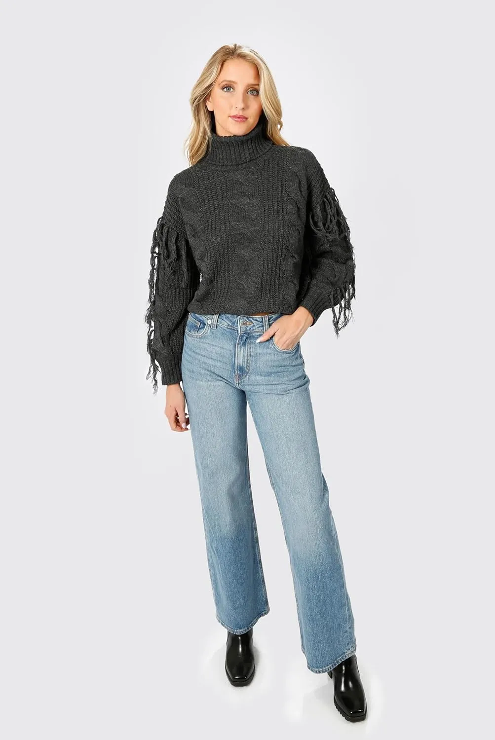 Womens Cream Long Sleeve Cable Knit Fringe Turtleneck Sweater: Return to Sender Cable Knit Sweater