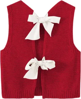 Womens Cute Bow Tie Open Back Cropped Sweater Vest Knit Tank Tops Y2k Girls Sleeveless Cardigan Pullover Shirts