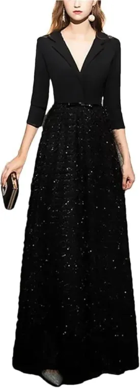 Women's Elegant Lace Ball Gown V-Neck Black Long Formal Evening Wedding Dress