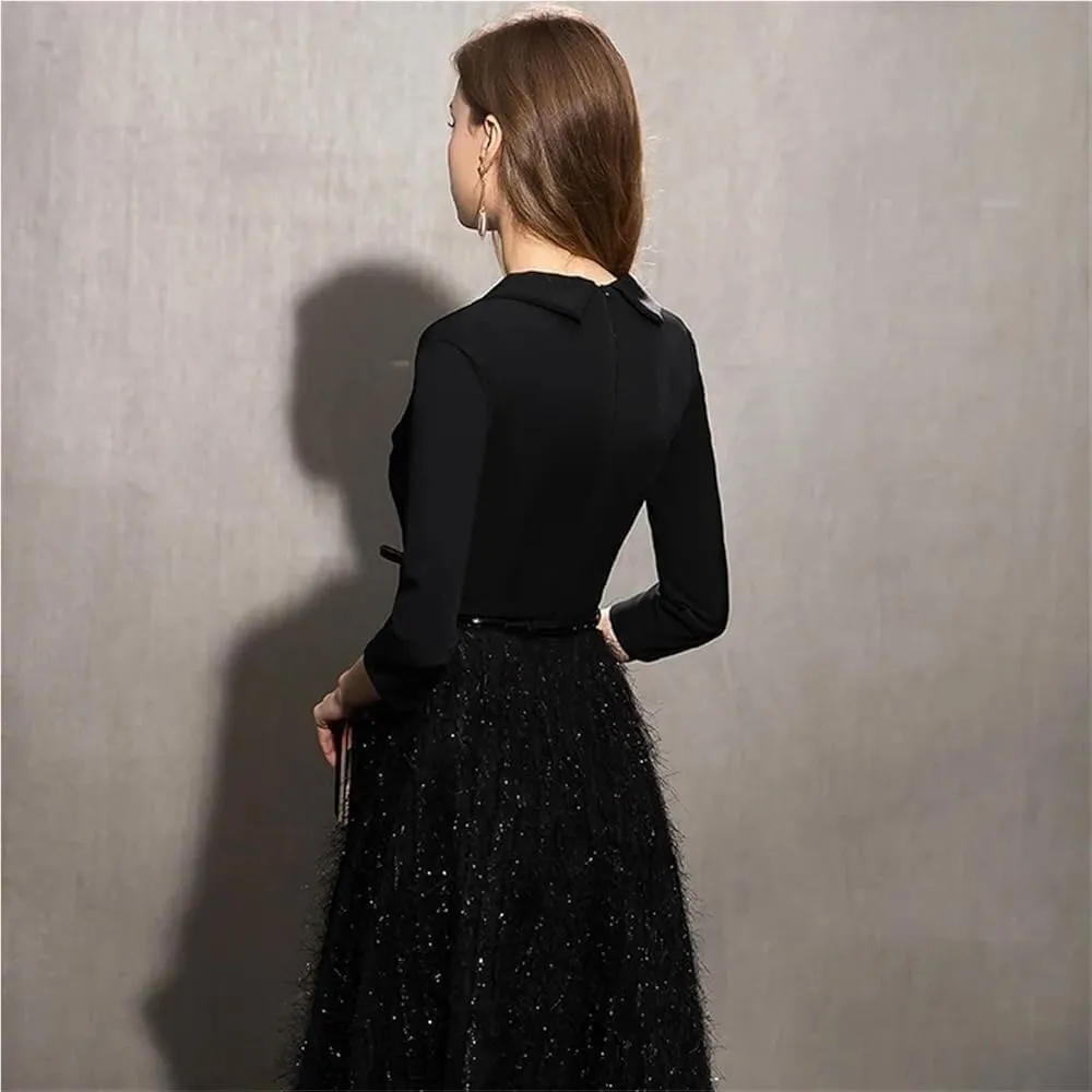 Women's Elegant Lace Ball Gown V-Neck Black Long Formal Evening Wedding Dress