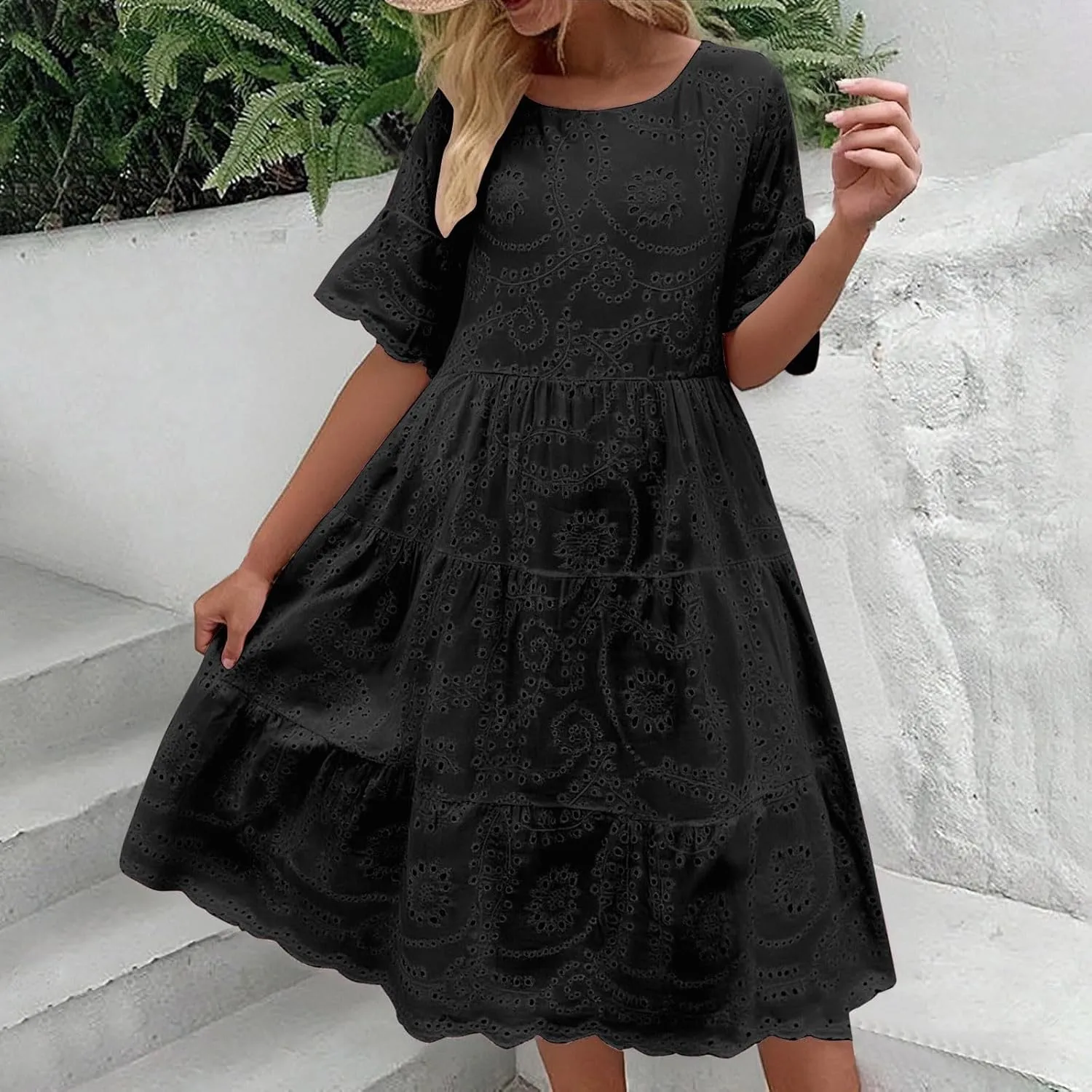 Women's Lace Eyelet Short Sleeve Tiered Midi Long Dress Ruffle Hem Cute Babydoll Short Dress 2024