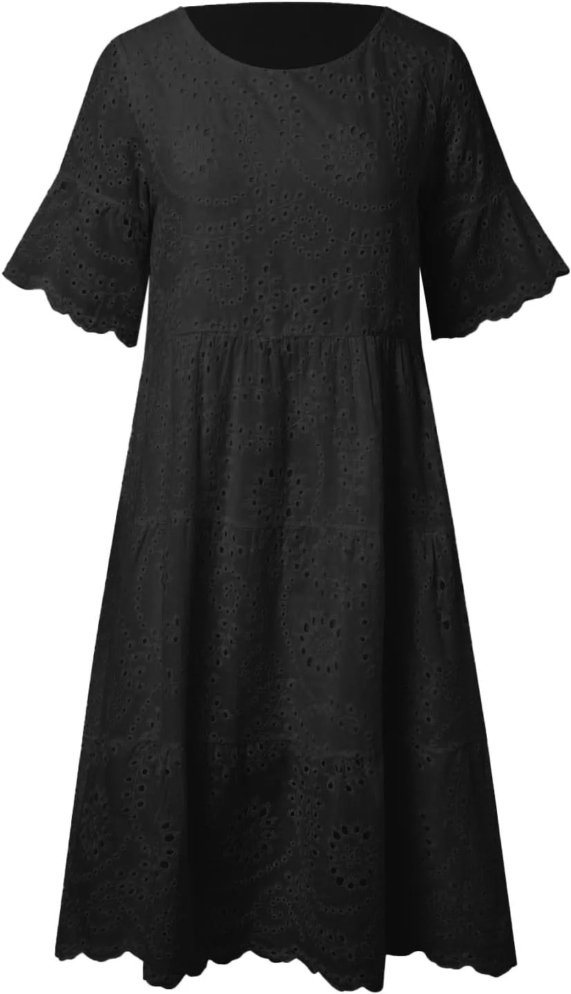 Women's Lace Eyelet Short Sleeve Tiered Midi Long Dress Ruffle Hem Cute Babydoll Short Dress 2024