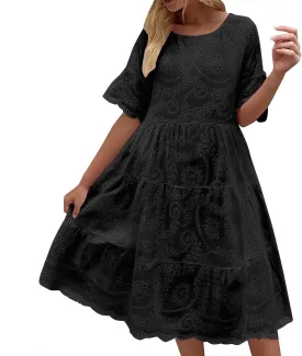 Women's Lace Eyelet Short Sleeve Tiered Midi Long Dress Ruffle Hem Cute Babydoll Short Dress 2024