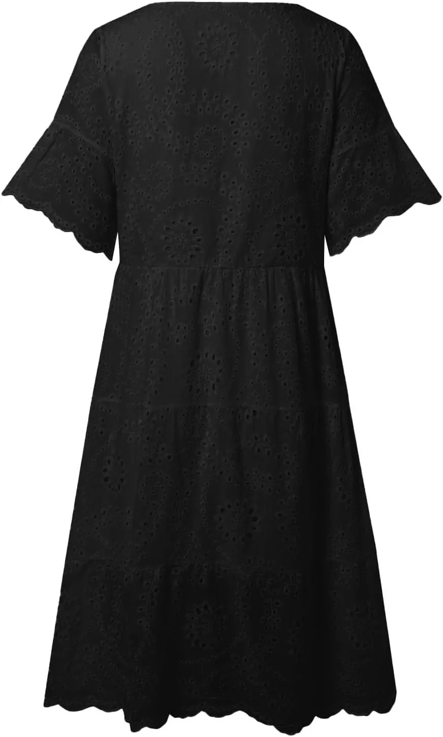 Women's Lace Eyelet Short Sleeve Tiered Midi Long Dress Ruffle Hem Cute Babydoll Short Dress 2024