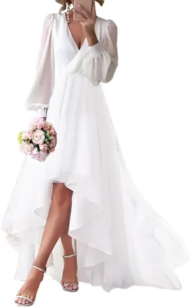 Womens Long Sleeves Tea Length Wedding Dresses for Bride Chiffon V Neck A Line Bridal Gown for Women