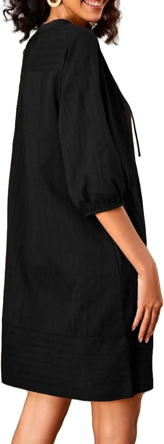 Womens V Neck Cotton Linen Summer Casual Loose Shirts Tunic 3/4 Sleeve Smock Dresses Beach Vacation Dress with Pocket