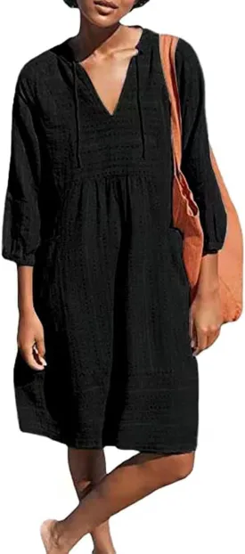 Womens V Neck Cotton Linen Summer Casual Loose Shirts Tunic 3/4 Sleeve Smock Dresses Beach Vacation Dress with Pocket